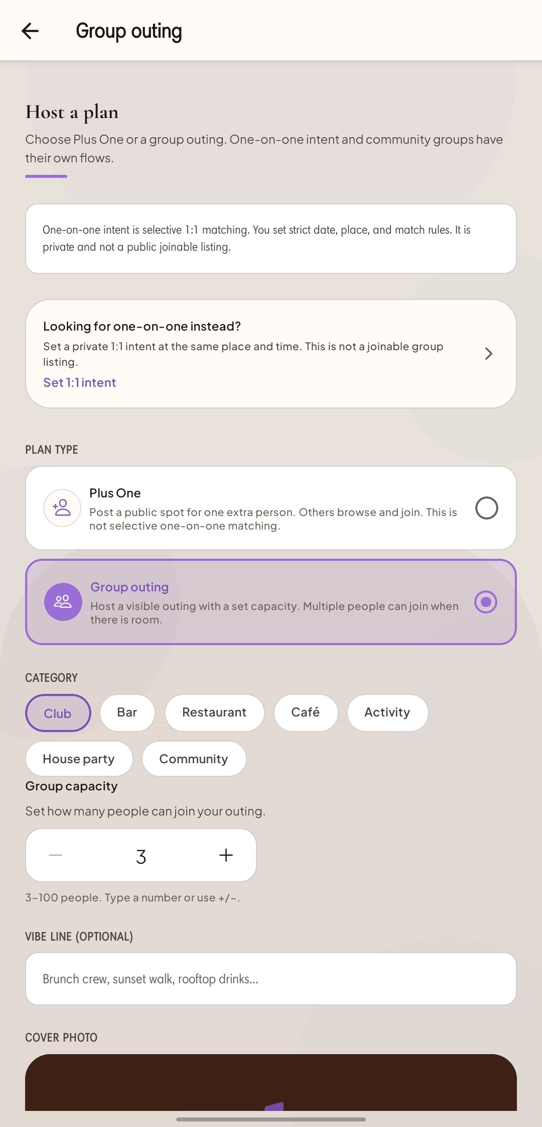 UNAIGHT group outing setup screen