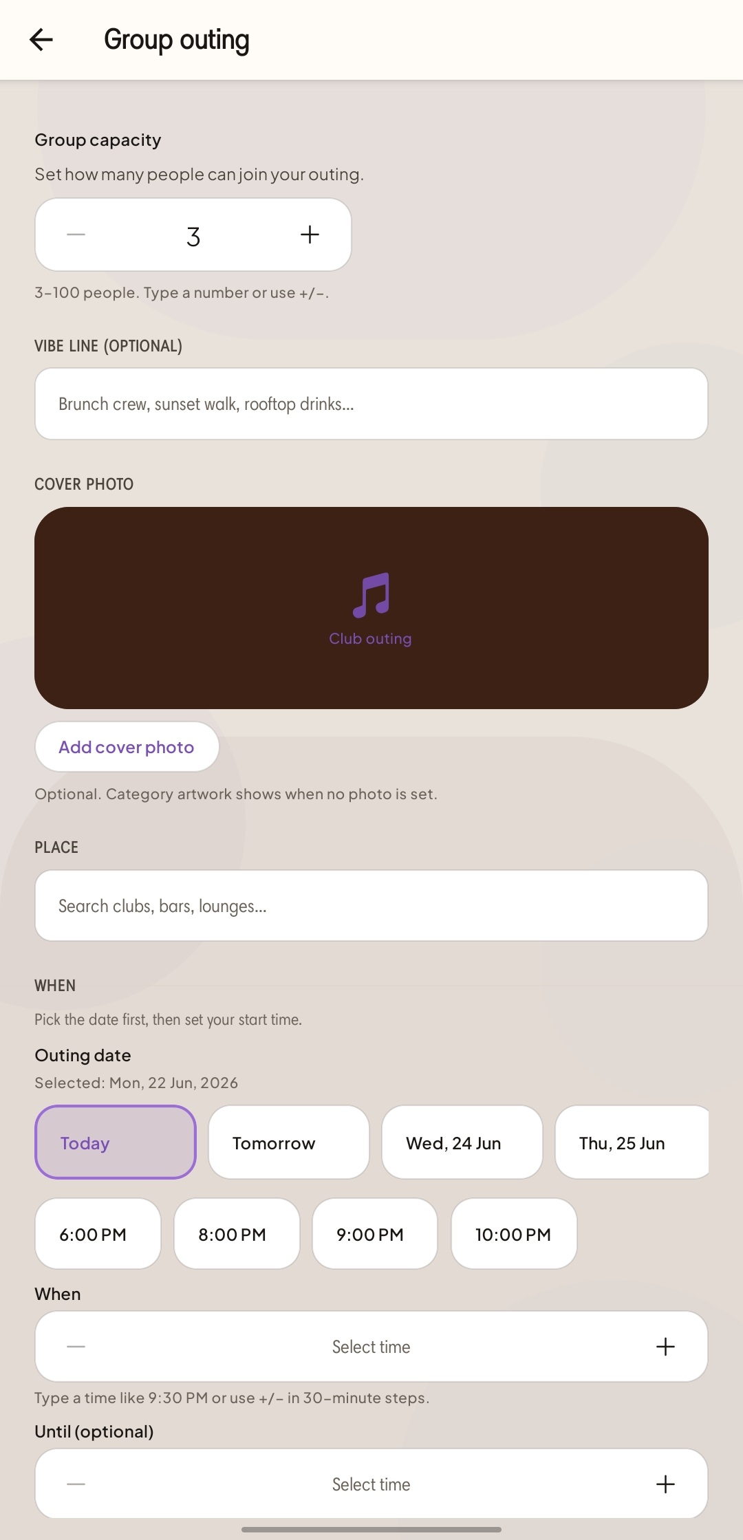 UNAIGHT group outing plan type screen