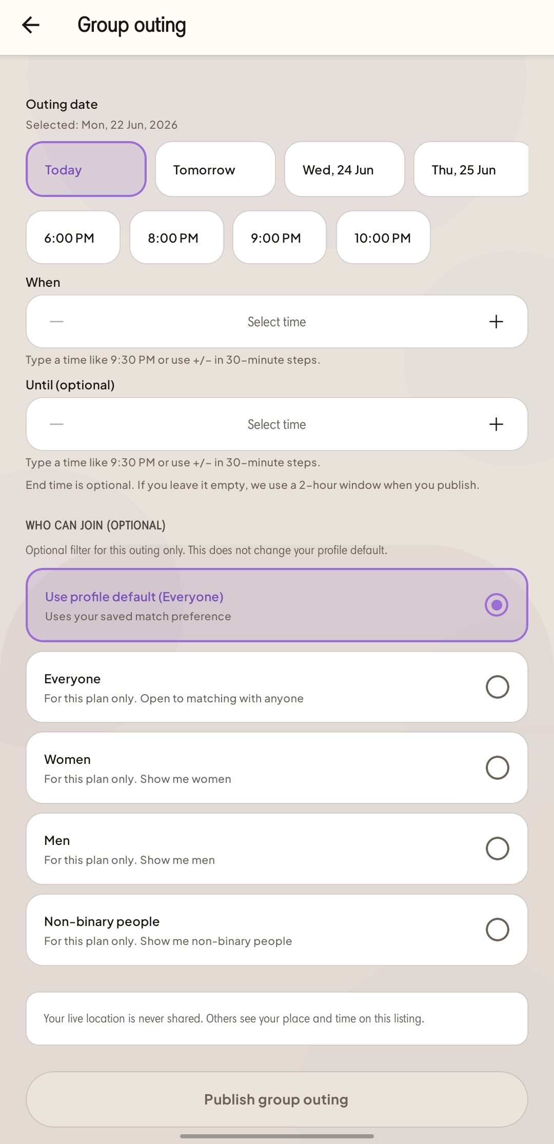 UNAIGHT group outing setup details screen