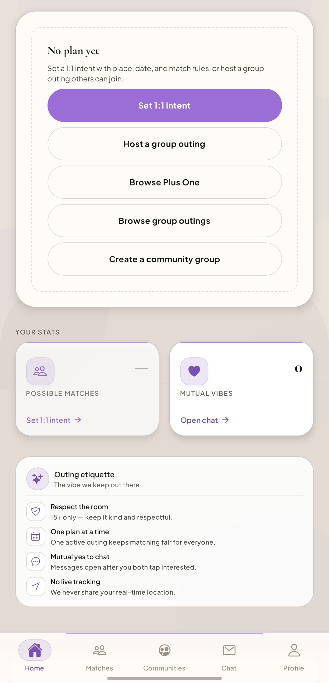 UNAIGHT home screen with one-on-one intent and host group outing actions