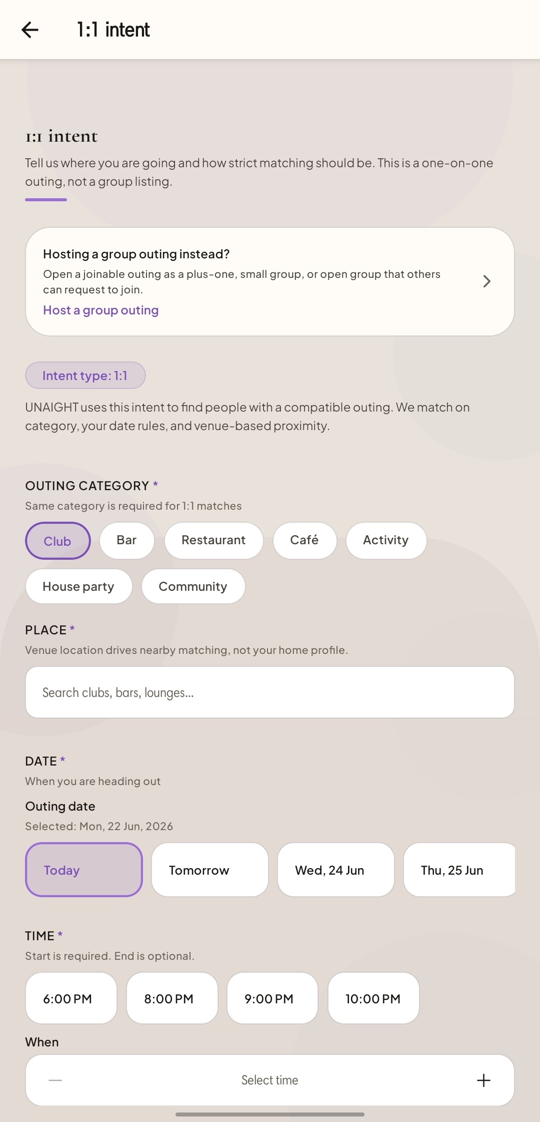 UNAIGHT one-on-one intent matching rules screen